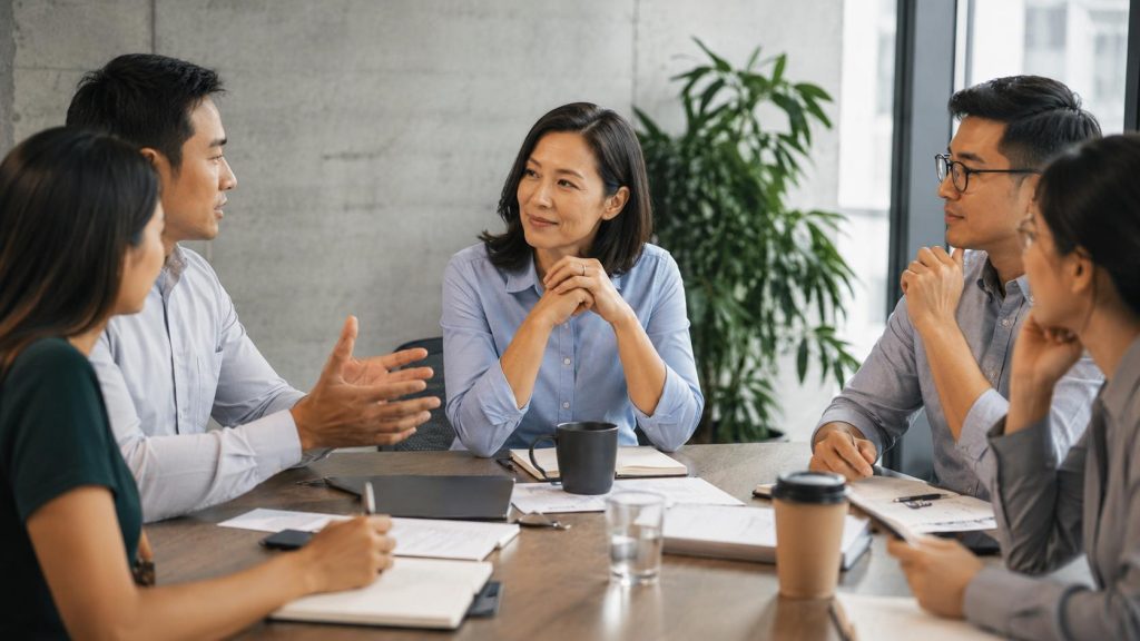 leader listening thoughtfully as team members share ideas during a collaborative meeting in a modern office