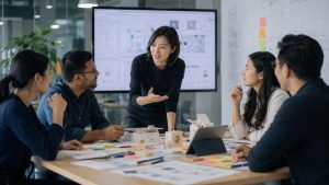 leader facilitating a collaborative strategy discussion with team members around a table filled with sketches, sticky notes, and prototype materials in a modern office