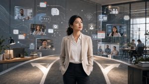 first-time manager standing at a workplace crossroads surrounded by digital communication, team, calendar, and AI workflow icons