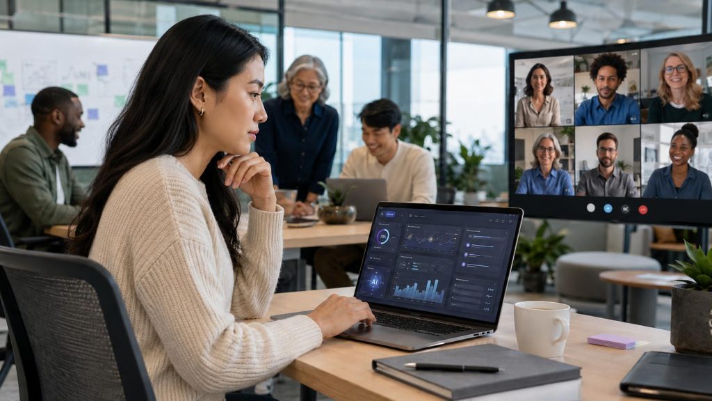 first-time manager using an AI dashboard in a modern hybrid office, with in-person team members and remote colleagues on a video call