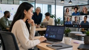 first-time manager using an AI dashboard in a modern hybrid office, with in-person team members and remote colleagues on a video call